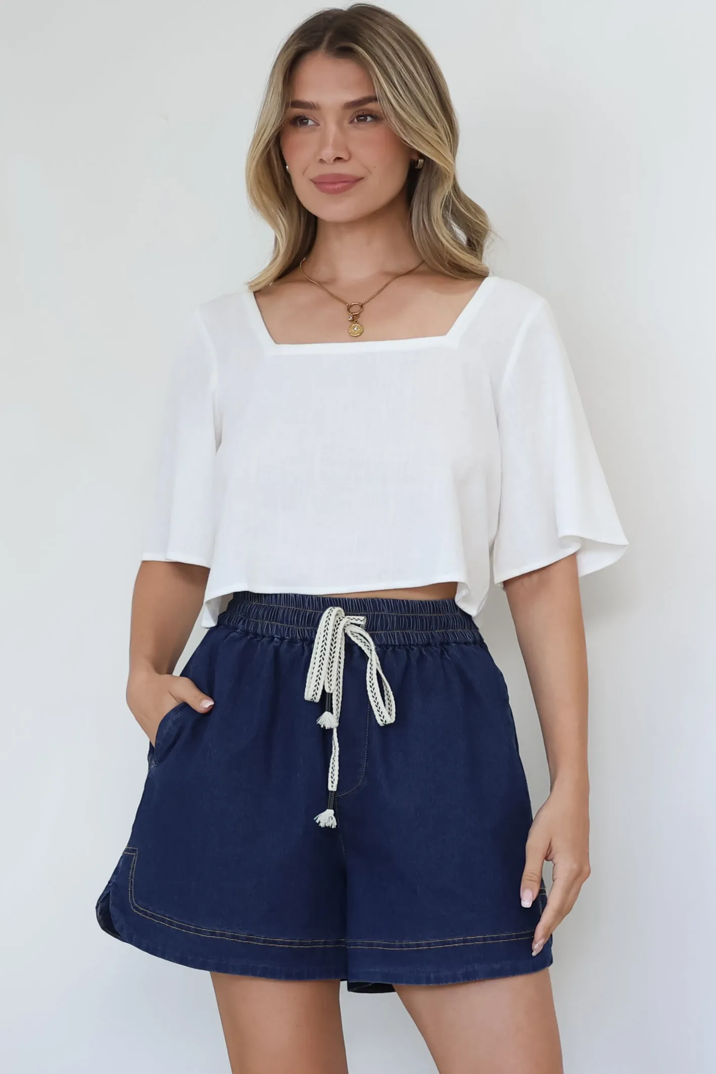 Zali Top - Square Neckline Crop with Short Airy Sleeves in White sold by Salty Crush product image thumbnail 2