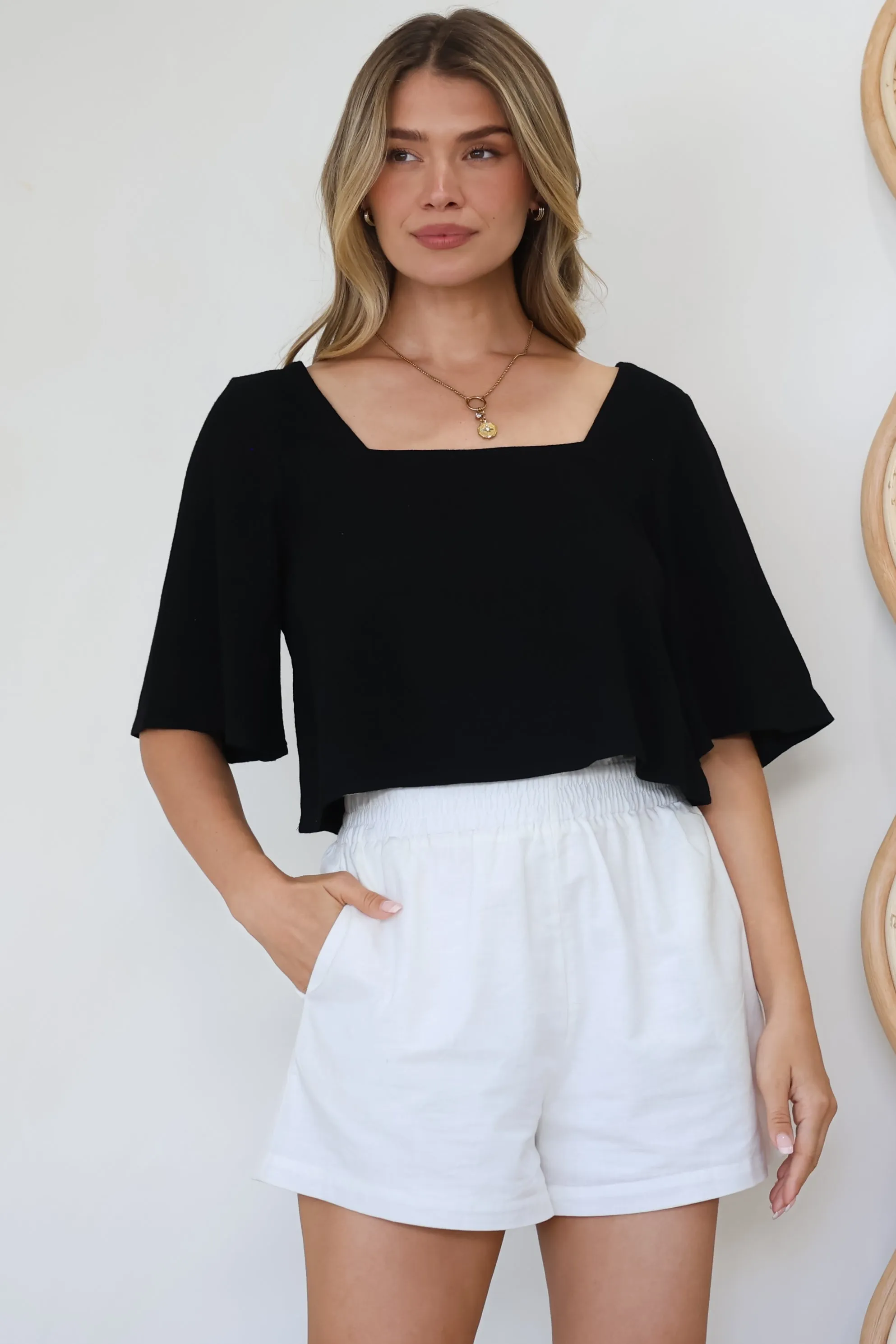 Zali Top - Square Neckline Crop with Short Airy Sleeves in Black sold by Salty Crush product image thumbnail 4