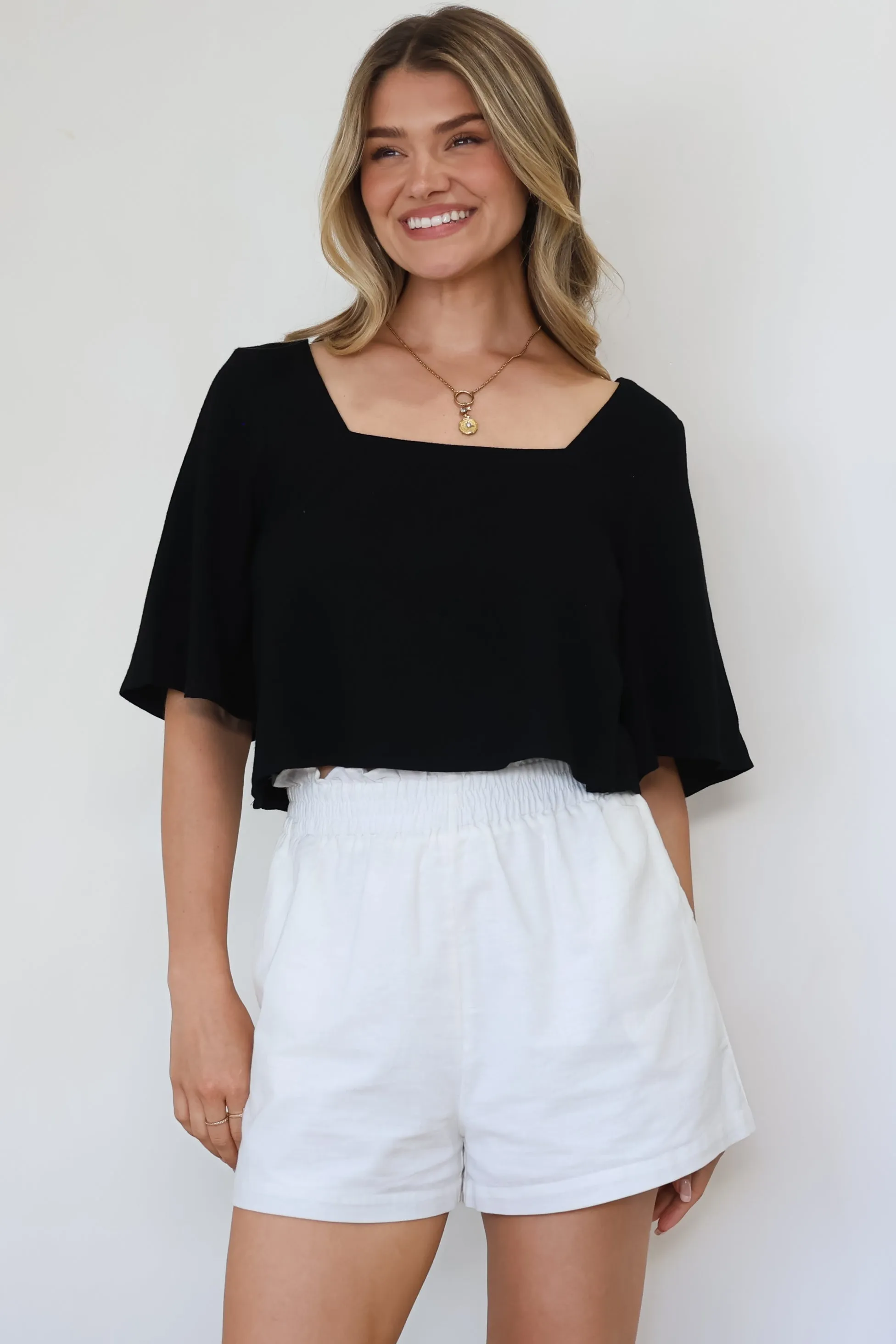 Zali Top - Square Neckline Crop with Short Airy Sleeves in Black sold by Salty Crush