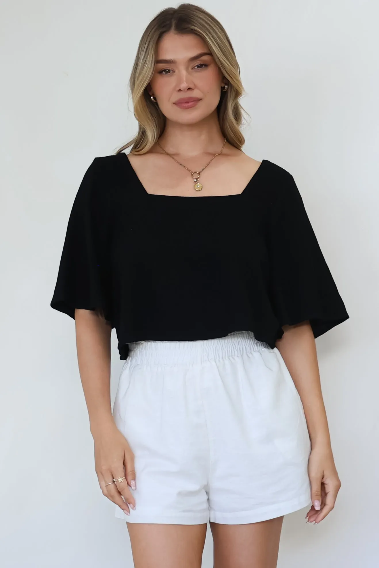 Zali Top - Square Neckline Crop with Short Airy Sleeves in Black sold by Salty Crush product image thumbnail 3