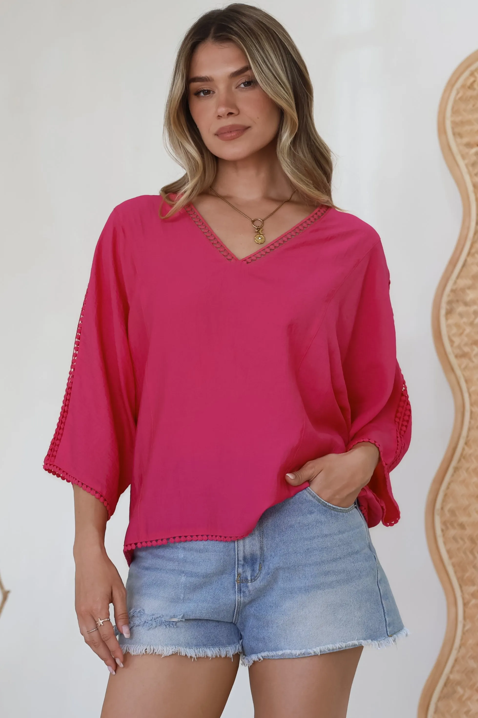 Brandi Top - Crochet Trim V-Neck Pull Over in Hot Pink sold by Salty Crush product image thumbnail 5