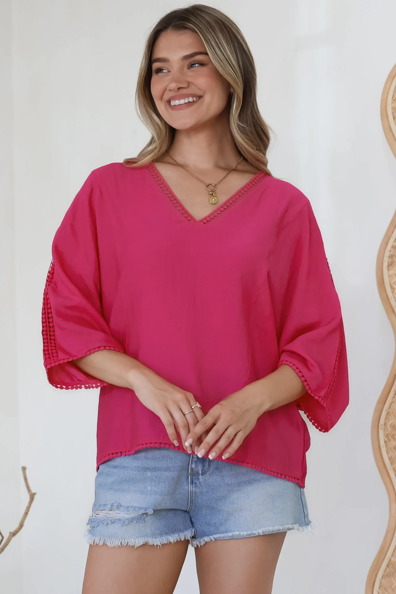 Brandi Top - Crochet Trim V-Neck Pull Over in Hot Pink sold by Salty Crush product image thumbnail 2