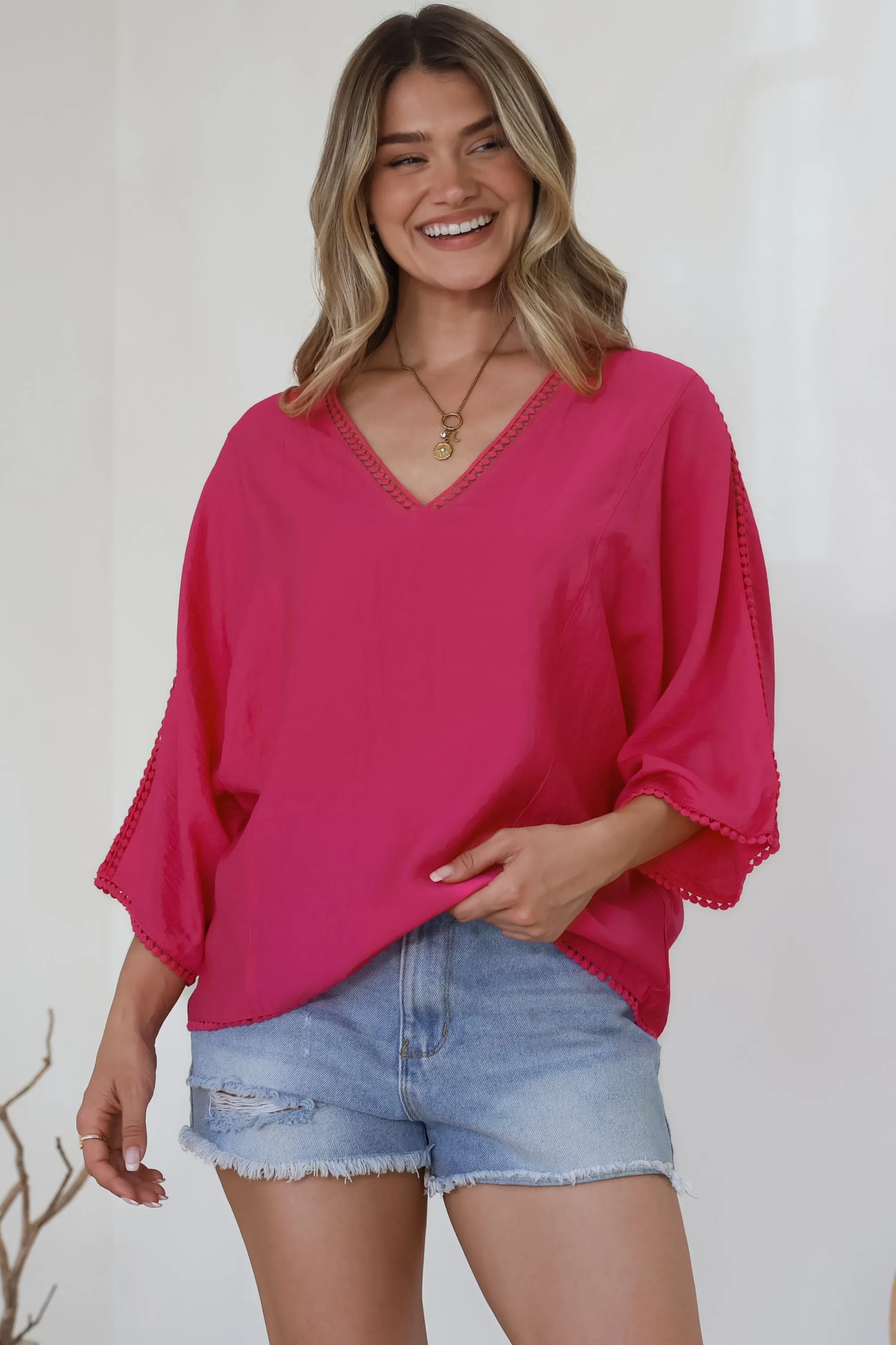 Brandi Top - Crochet Trim V-Neck Pull Over in Hot Pink sold by Salty Crush product image thumbnail 4