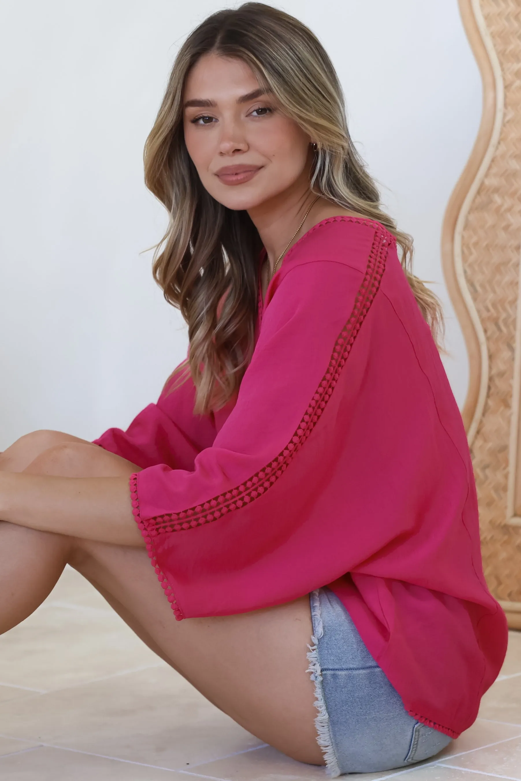 Brandi Top - Crochet Trim V-Neck Pull Over in Hot Pink sold by Salty Crush product image thumbnail 3