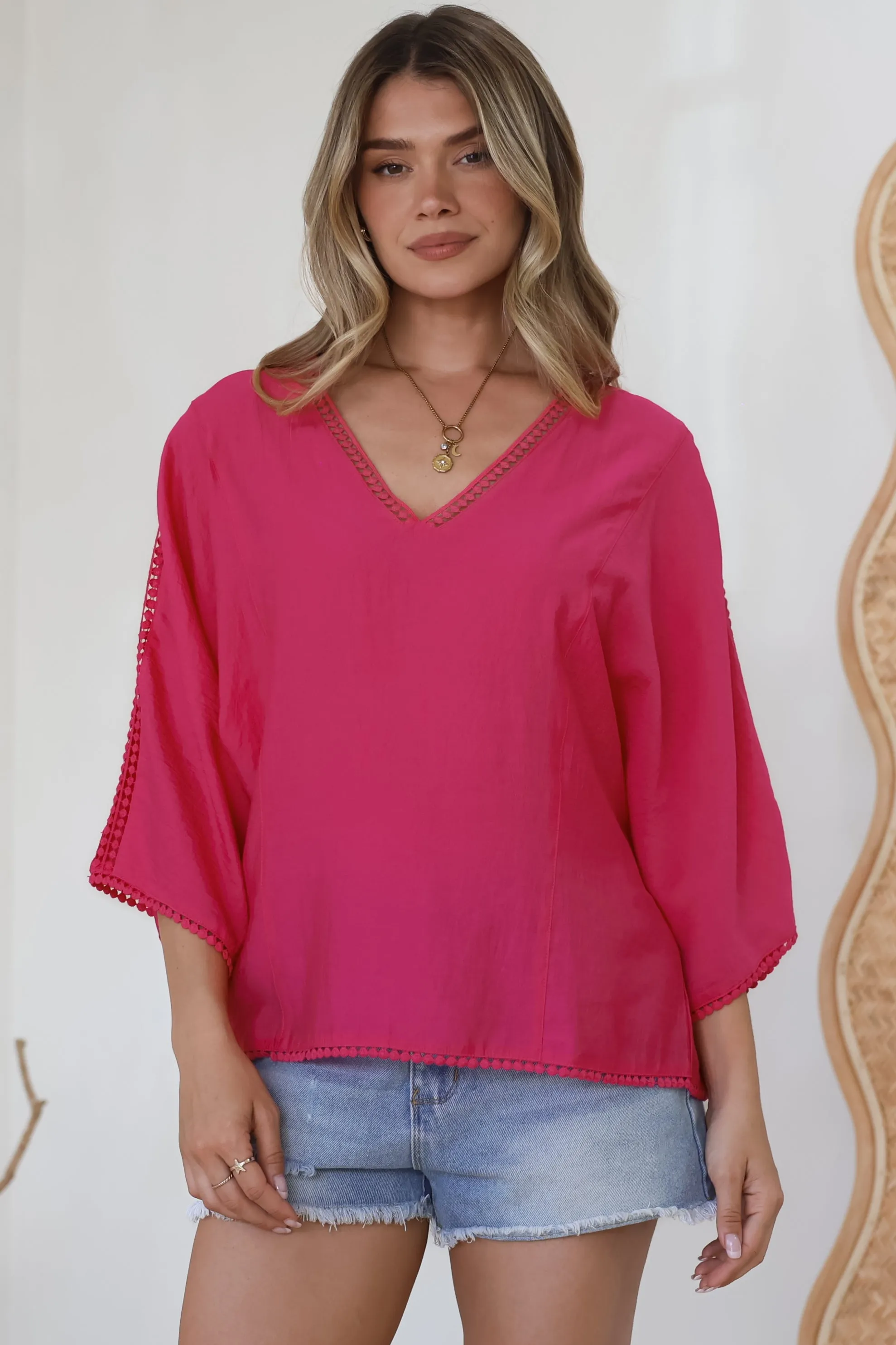 Brandi Top - Crochet Trim V-Neck Pull Over in Hot Pink sold by Salty Crush