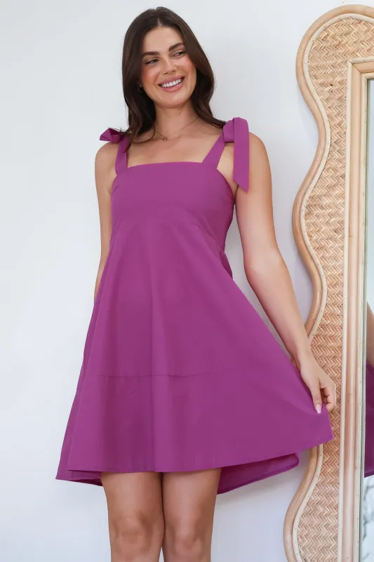Faris Mini Dress - Tie Up Strap Cotton Sun Dress in Purple sold by Salty Crush