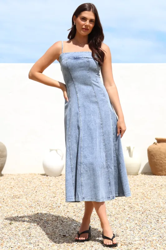 Tasha Midi Dress - Spaghetti Strap A-Line Denim Sun Dress in Light Denim sold by Salty Crush