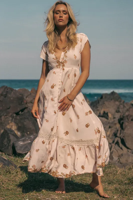 JAASE - Carmen Maxi Dress: Butterfly Cap Sleeve Button Down A Line Dress with Lace Trim in Vintage Sol Print sold by Salty Crush