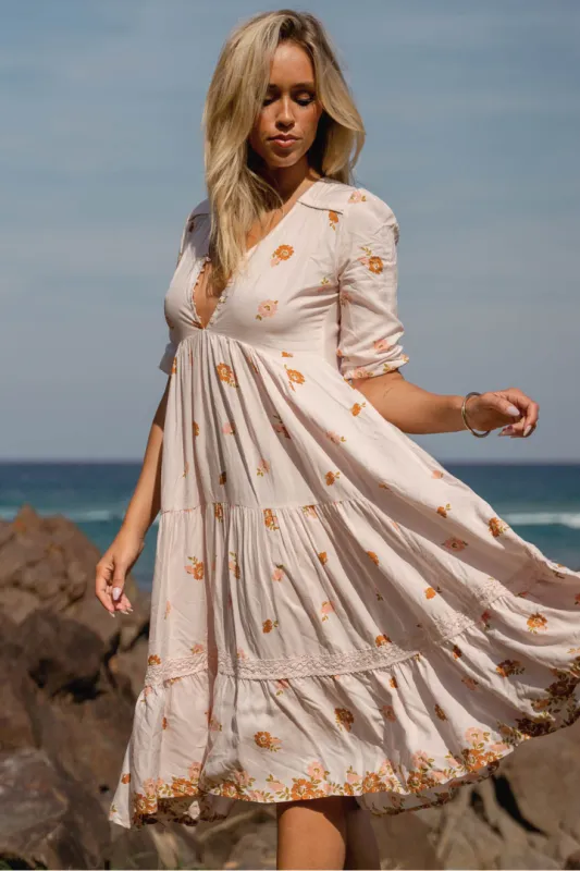 JAASE - Eve Midi Dress: V Neck Tiered Dress with Option Waist Tie in Vintage Sol Print sold by Salty Crush