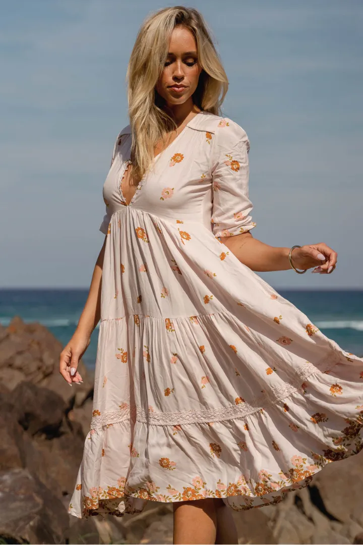 JAASE - Eve Midi Dress: V Neck Tiered Dress with Option Waist Tie in Vintage Sol Print sold by Salty Crush