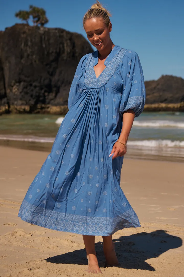 JAASE - Boheme Midi Dress: Piping Defined Bust Slimline Smock Dress in Azure Sky Print sold by Salty Crush product image thumbnail 4