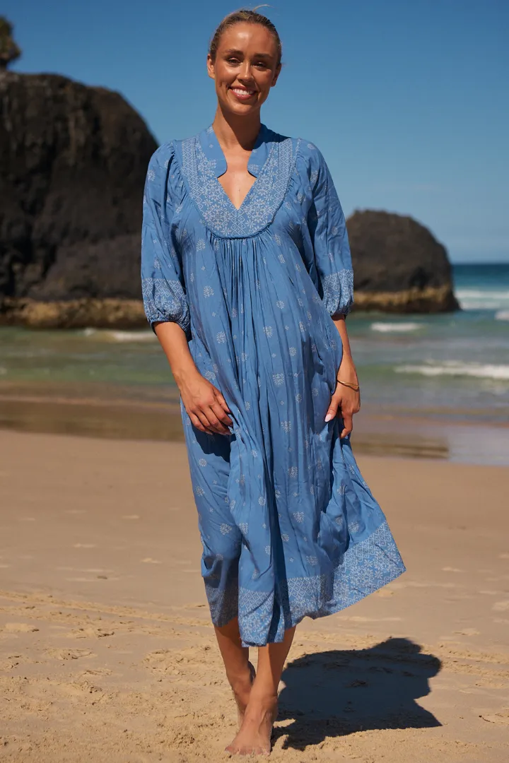 JAASE - Boheme Midi Dress: Piping Defined Bust Slimline Smock Dress in Azure Sky Print sold by Salty Crush product image thumbnail 2