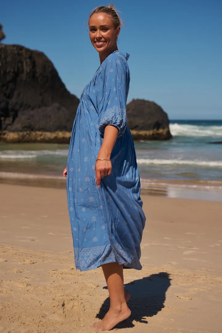 JAASE - Boheme Midi Dress: Piping Defined Bust Slimline Smock Dress in Azure Sky Print sold by Salty Crush product image thumbnail 5