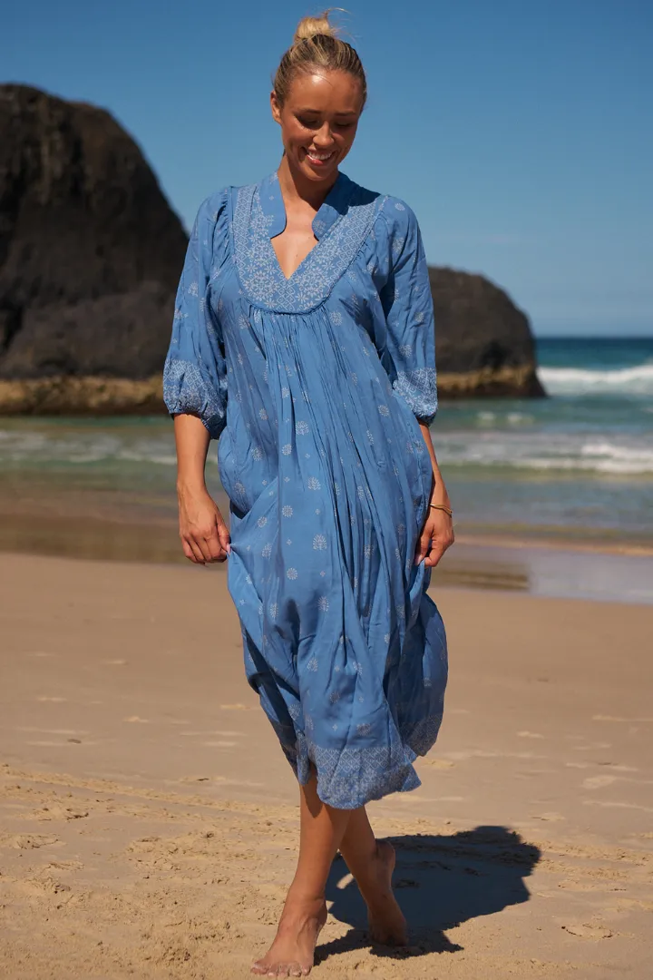 JAASE - Boheme Midi Dress: Piping Defined Bust Slimline Smock Dress in Azure Sky Print sold by Salty Crush product image thumbnail 3