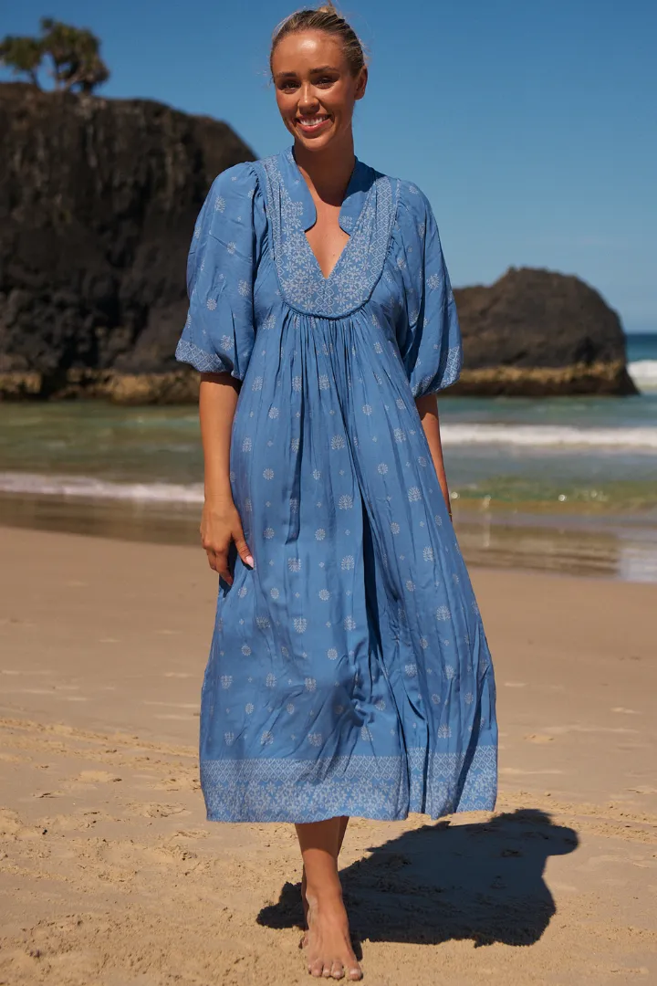 JAASE - Boheme Midi Dress: Piping Defined Bust Slimline Smock Dress in Azure Sky Print sold by Salty Crush