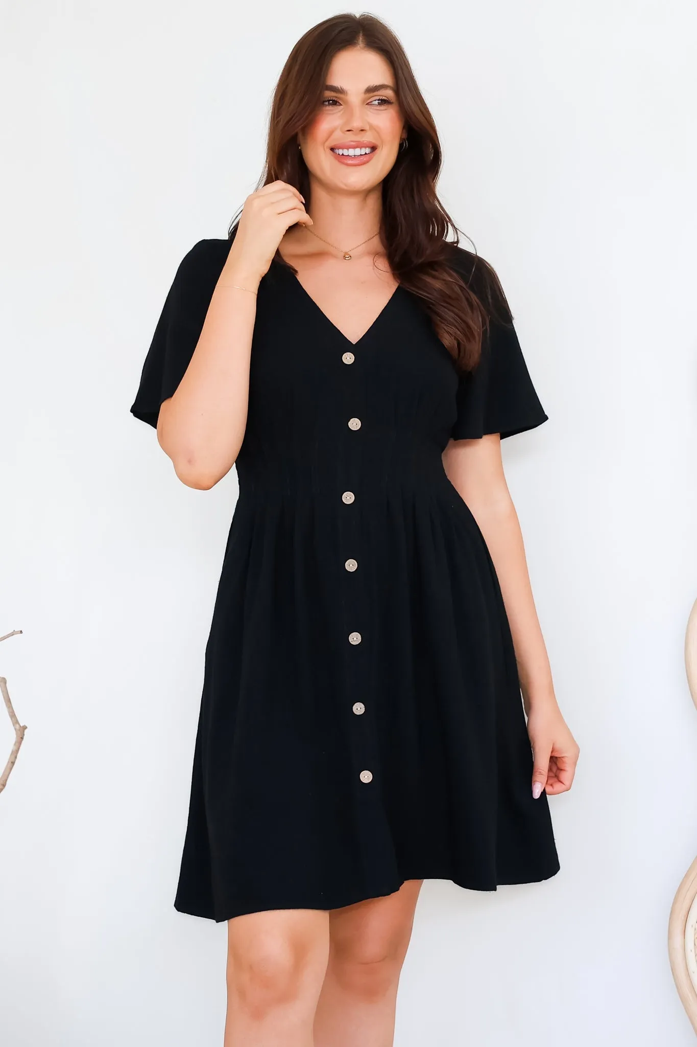 Stellar Mini Dress - Flutter Sleeve A-Line Dress with Pin Tuck Waist Detail in Black sold by Salty Crush product image thumbnail 4