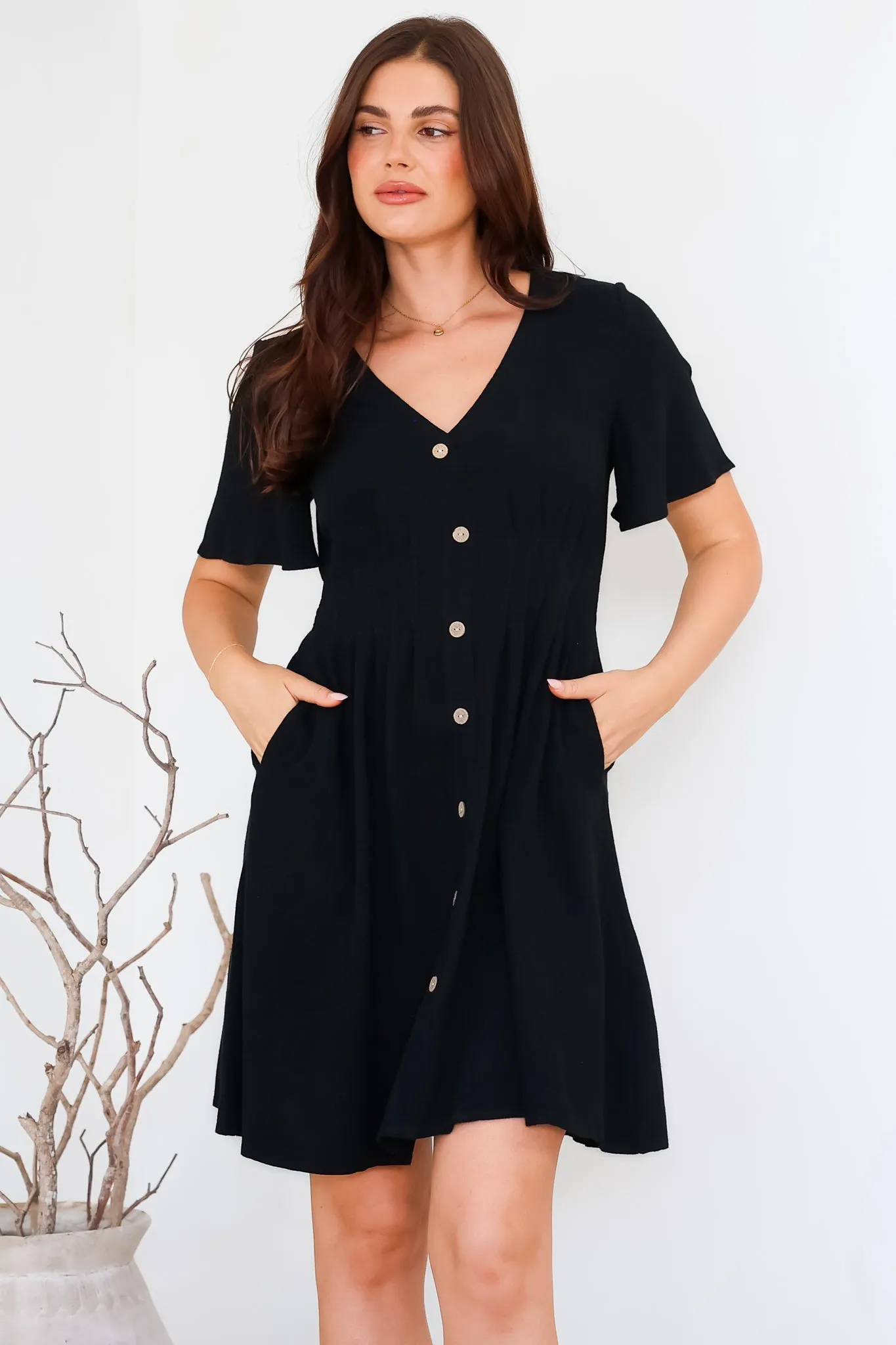 Stellar Mini Dress - Flutter Sleeve A-Line Dress with Pin Tuck Waist Detail in Black sold by Salty Crush product image thumbnail 2