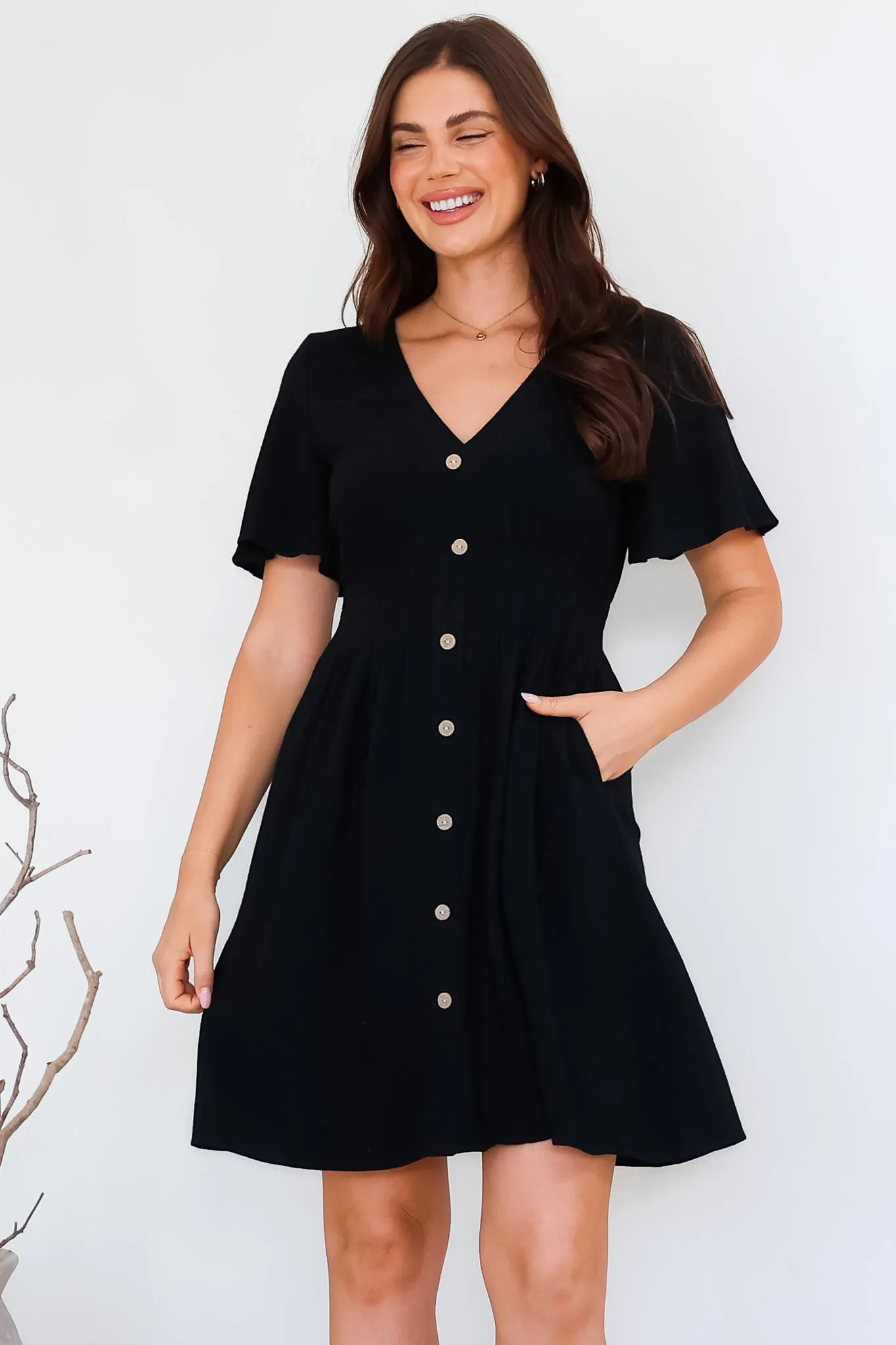 Stellar Mini Dress - Flutter Sleeve A-Line Dress with Pin Tuck Waist Detail in Black sold by Salty Crush product image thumbnail 5