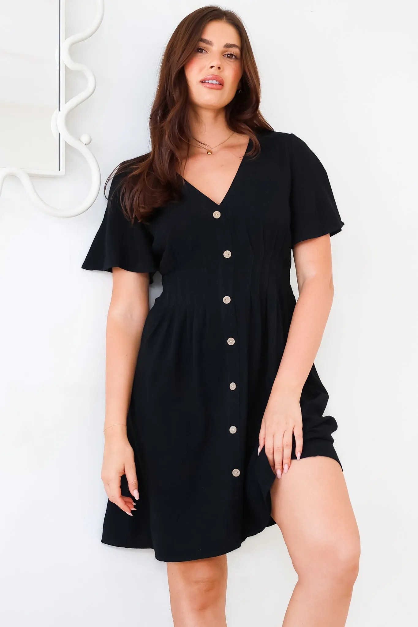 Stellar Mini Dress - Flutter Sleeve A-Line Dress with Pin Tuck Waist Detail in Black sold by Salty Crush product image thumbnail 3