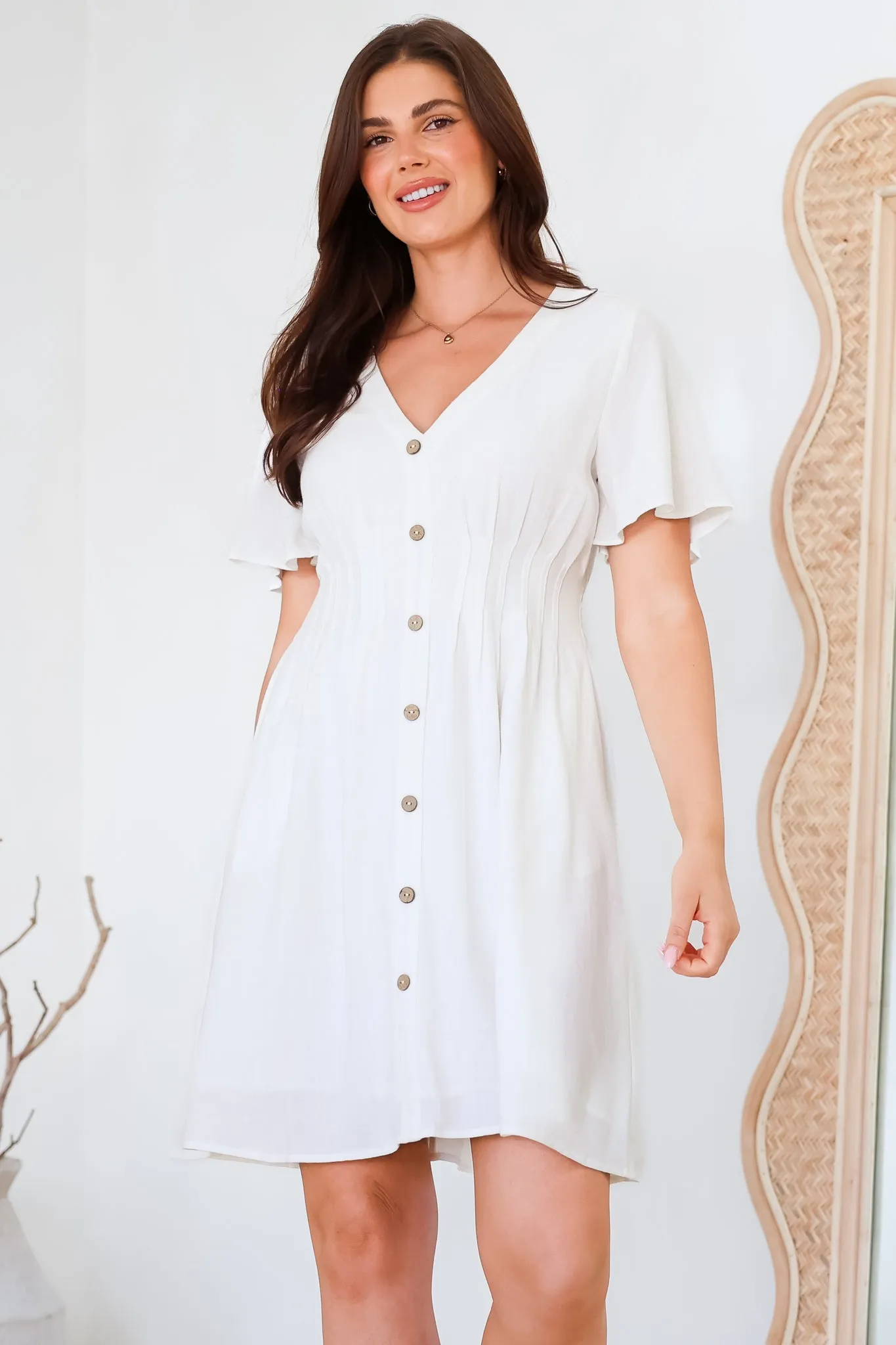 Stellar Mini Dress - Flutter Sleeve A-Line Dress with Pin Tuck Waist Detail in White sold by Salty Crush product image thumbnail 4