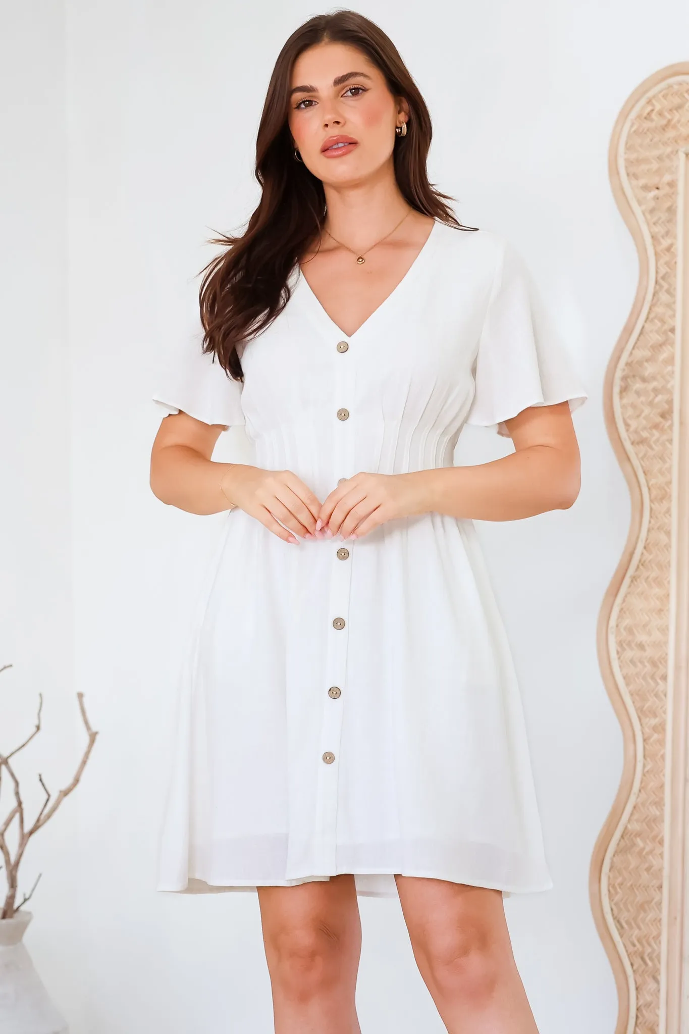 Stellar Mini Dress - Flutter Sleeve A-Line Dress with Pin Tuck Waist Detail in White sold by Salty Crush product image thumbnail 3