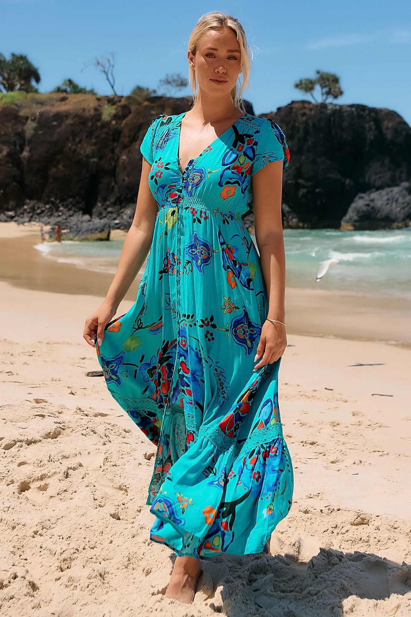 JAASE - Carmen Maxi Dress: Butterfly Cap Sleeve Button Down A Line Dress with Lace Trim in Isla Mare Print sold by Salty Crush product image thumbnail 4