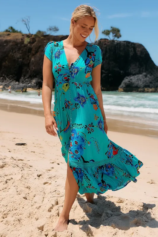 JAASE - Carmen Maxi Dress: Butterfly Cap Sleeve Button Down A Line Dress with Lace Trim in Isla Mare Print sold by Salty Crush
