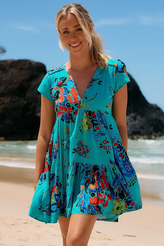 JAASE - Tracey Mini Dress: Cap Sleeve Dress with Waist Tie in Isla Mare Print sold by Salty Crush