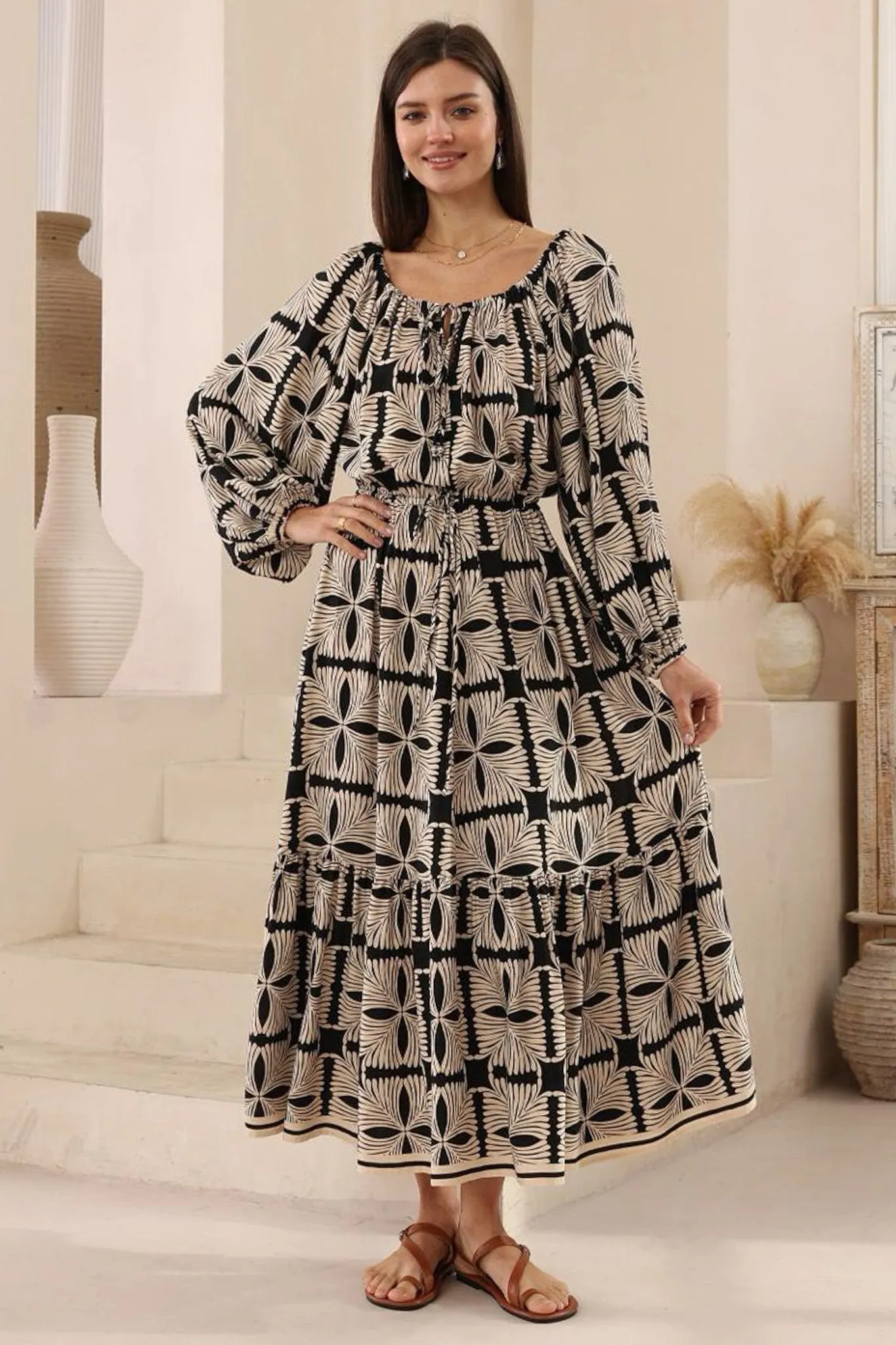 Sadie Maxi Dress - Scoop Pull Tie Neckline and Waist A Line Dress in Carter Print sold by Salty Crush product image thumbnail 2