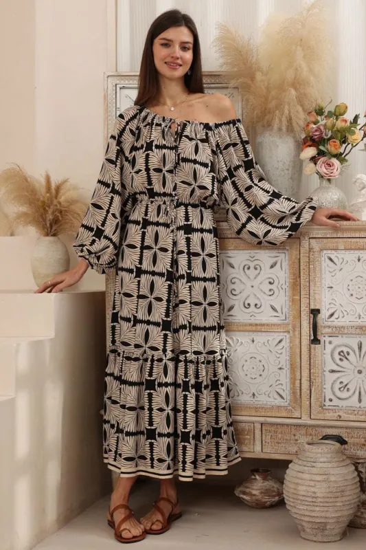 Sadie Maxi Dress - Scoop Pull Tie Neckline and Waist A Line Dress in Carter Print sold by Salty Crush