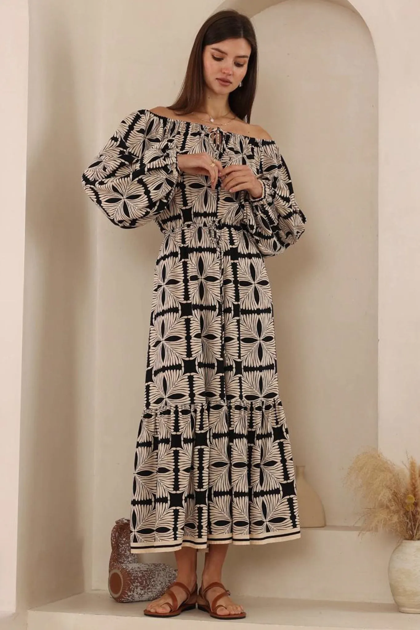 Sadie Maxi Dress - Scoop Pull Tie Neckline and Waist A Line Dress in Carter Print sold by Salty Crush product image thumbnail 5