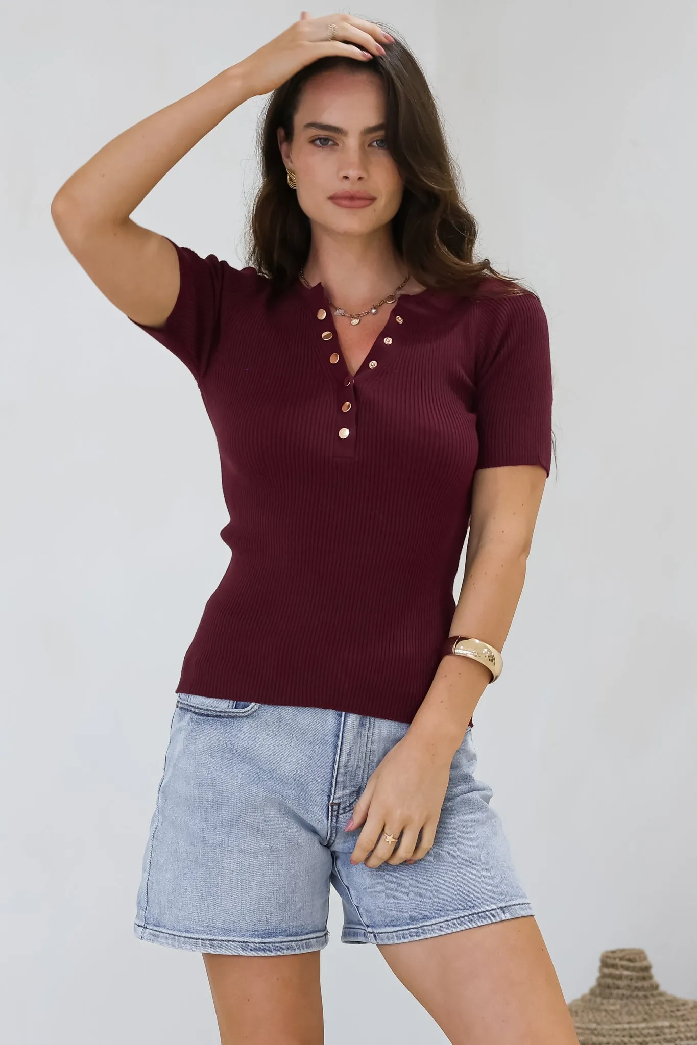 Zian Knit Top - Gold Button Neckline Ribbed Knit Top in Burgundy sold by Salty Crush product image thumbnail 2