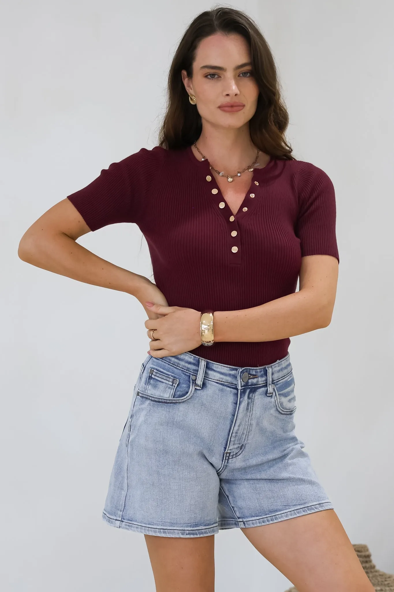 Zian Knit Top - Gold Button Neckline Ribbed Knit Top in Burgundy sold by Salty Crush product image thumbnail 3