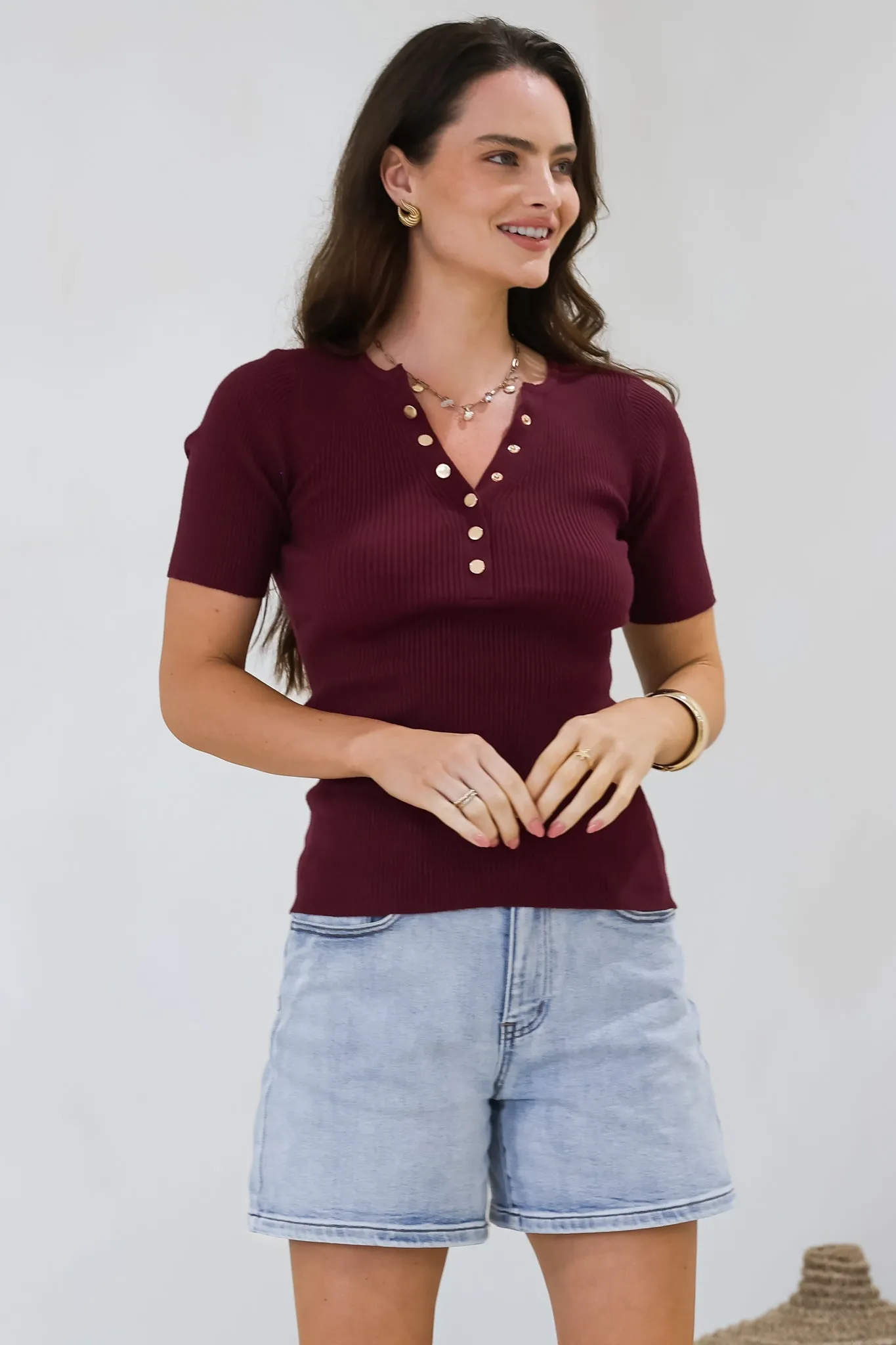 Zian Knit Top - Gold Button Neckline Ribbed Knit Top in Burgundy sold by Salty Crush product image thumbnail 5