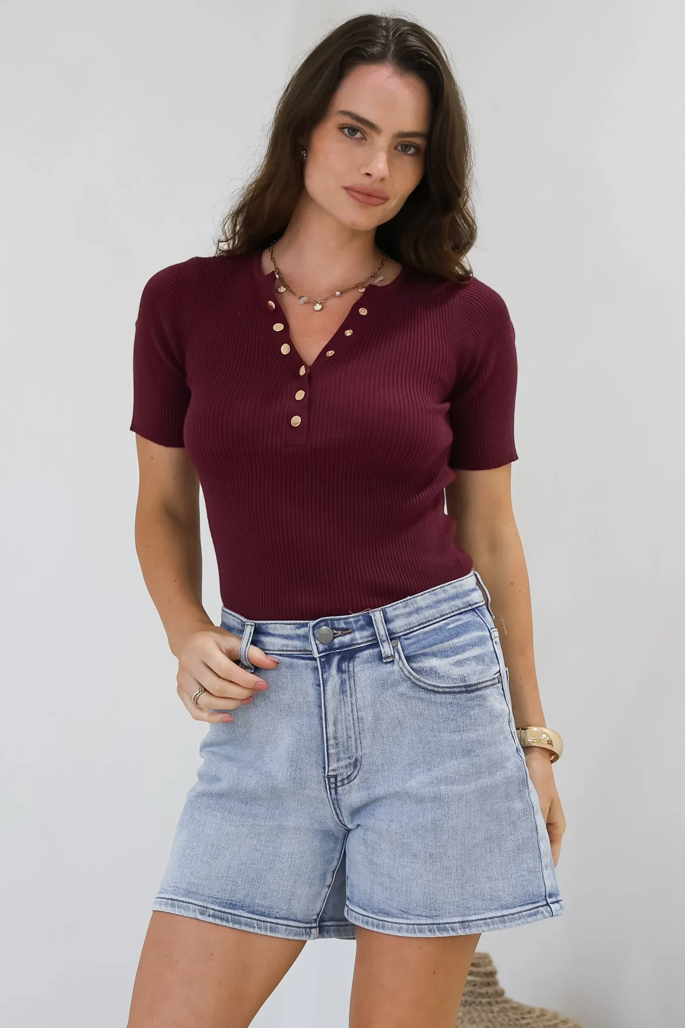 Zian Knit Top - Gold Button Neckline Ribbed Knit Top in Burgundy sold by Salty Crush product image thumbnail 4
