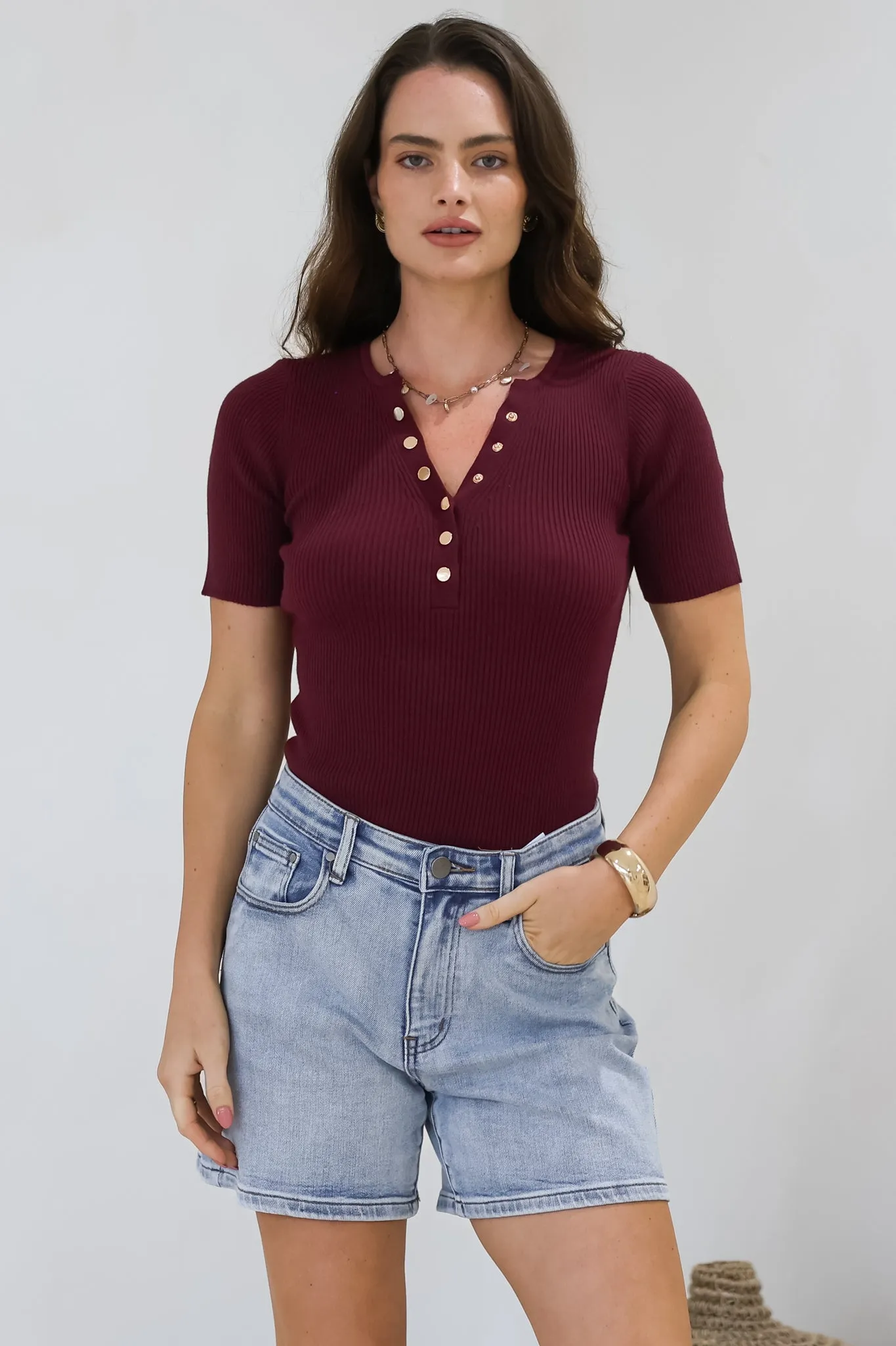 Zian Knit Top - Gold Button Neckline Ribbed Knit Top in Burgundy sold by Salty Crush
