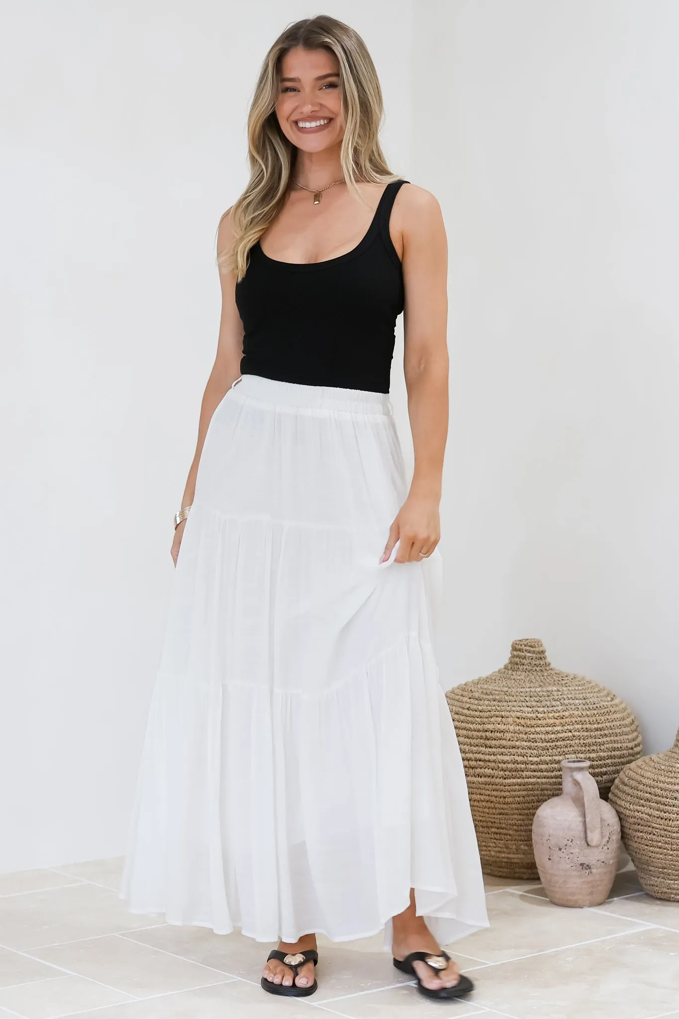Anka Maxi Skirt - High Waisted Tiered A-Line Skirt in White sold by Salty Crush product image thumbnail 3