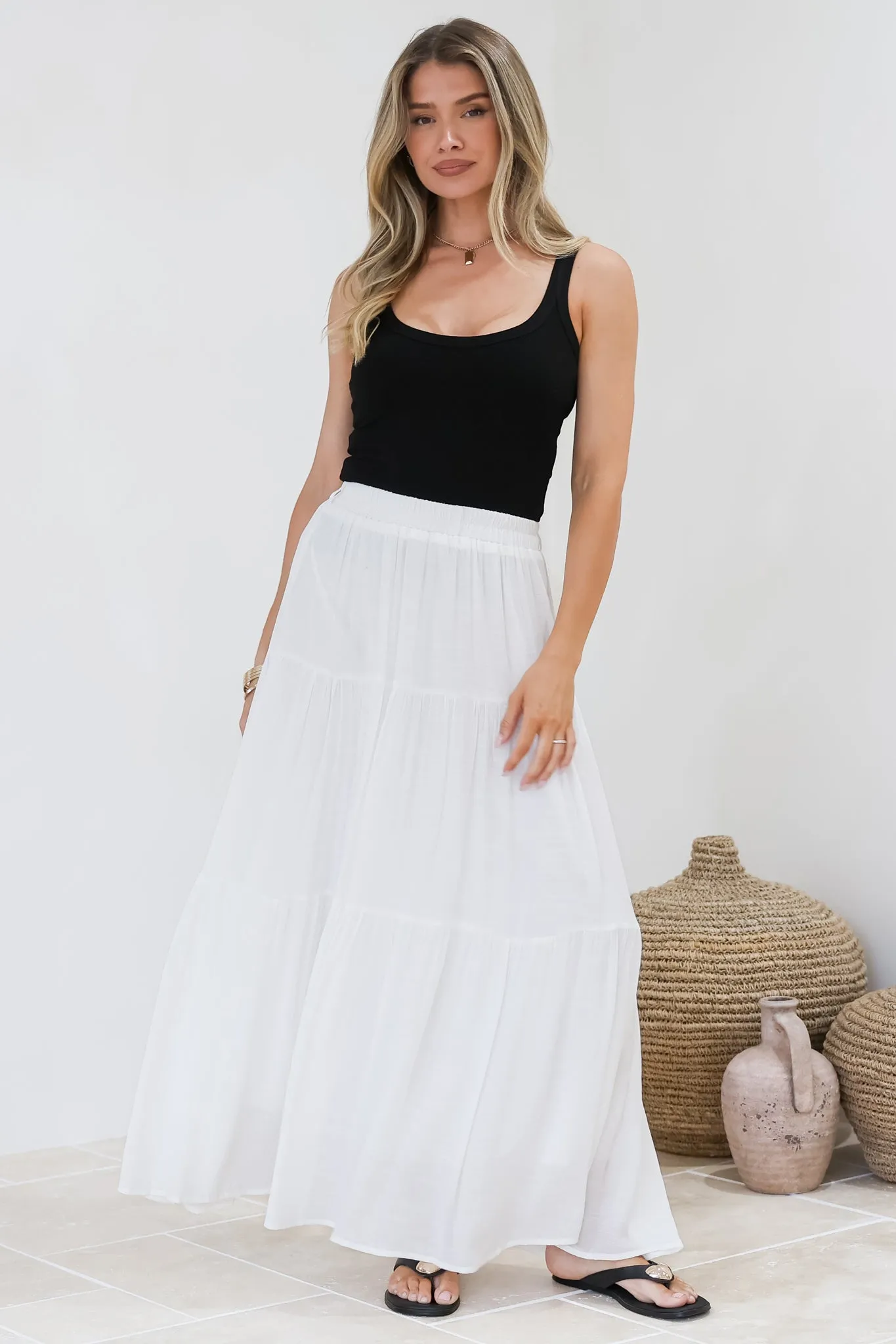 Anka Maxi Skirt - High Waisted Tiered A-Line Skirt in White sold by Salty Crush