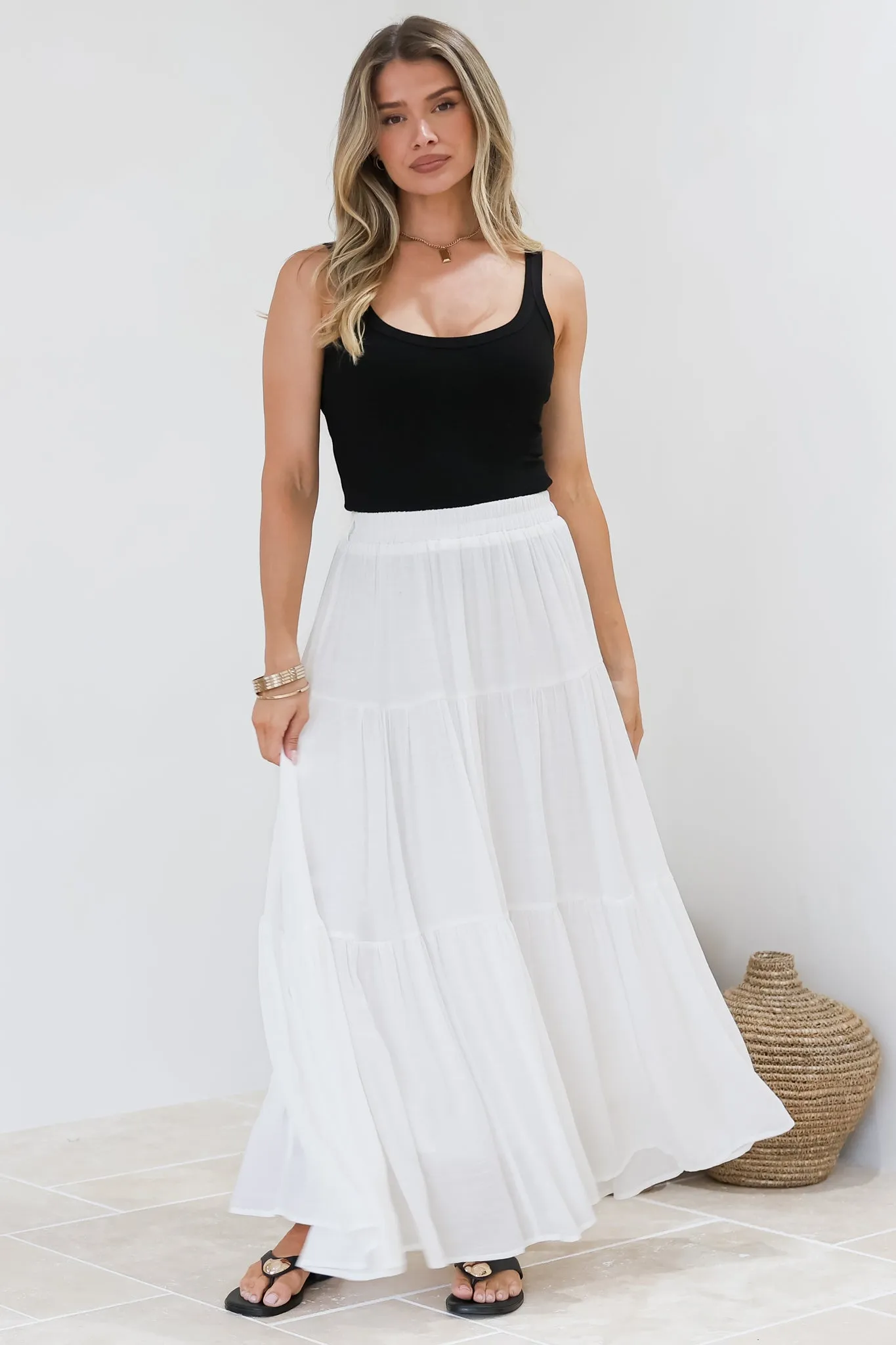 Anka Maxi Skirt - High Waisted Tiered A-Line Skirt in White sold by Salty Crush product image thumbnail 5