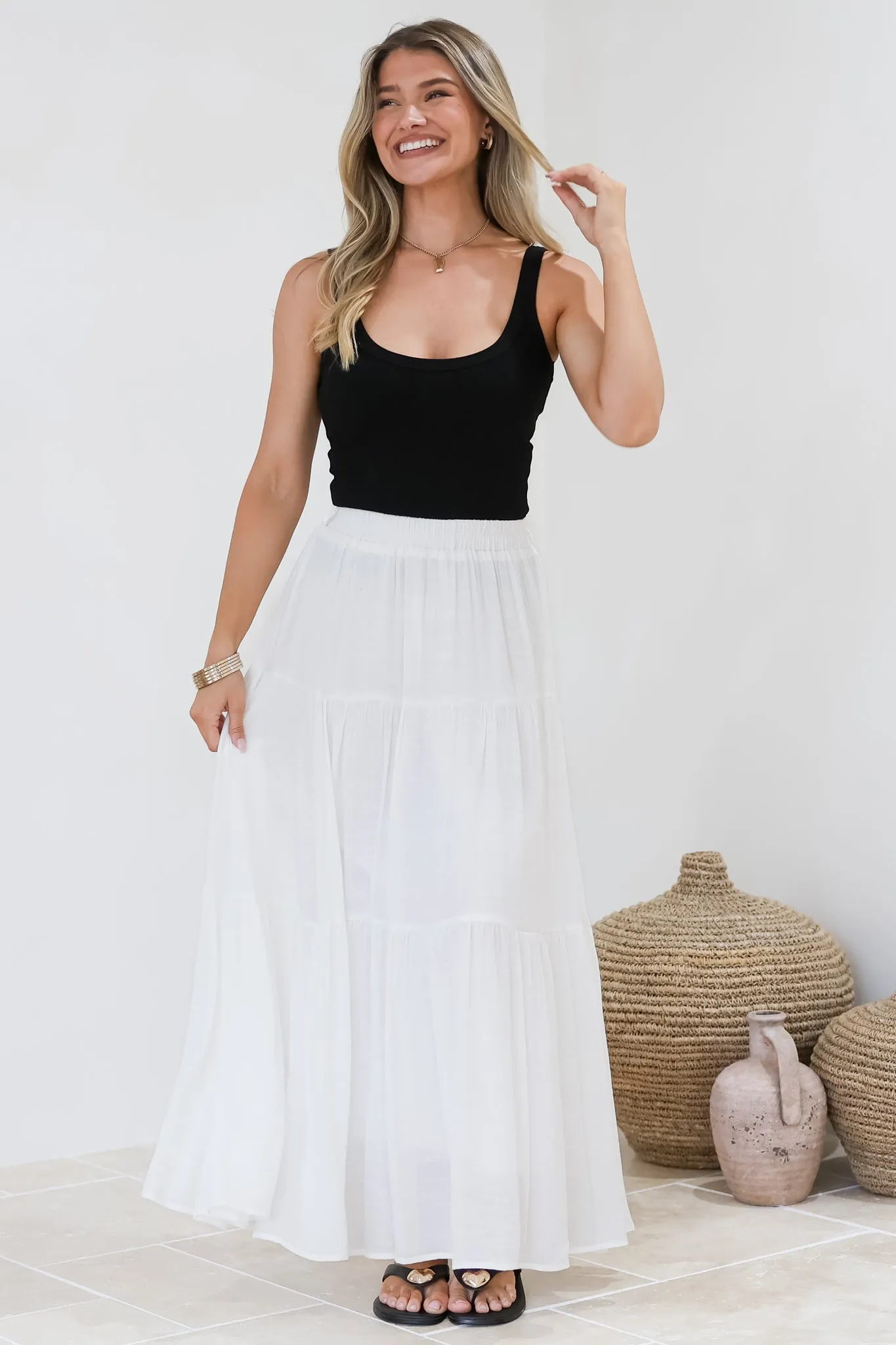 Anka Maxi Skirt - High Waisted Tiered A-Line Skirt in White sold by Salty Crush product image thumbnail 4