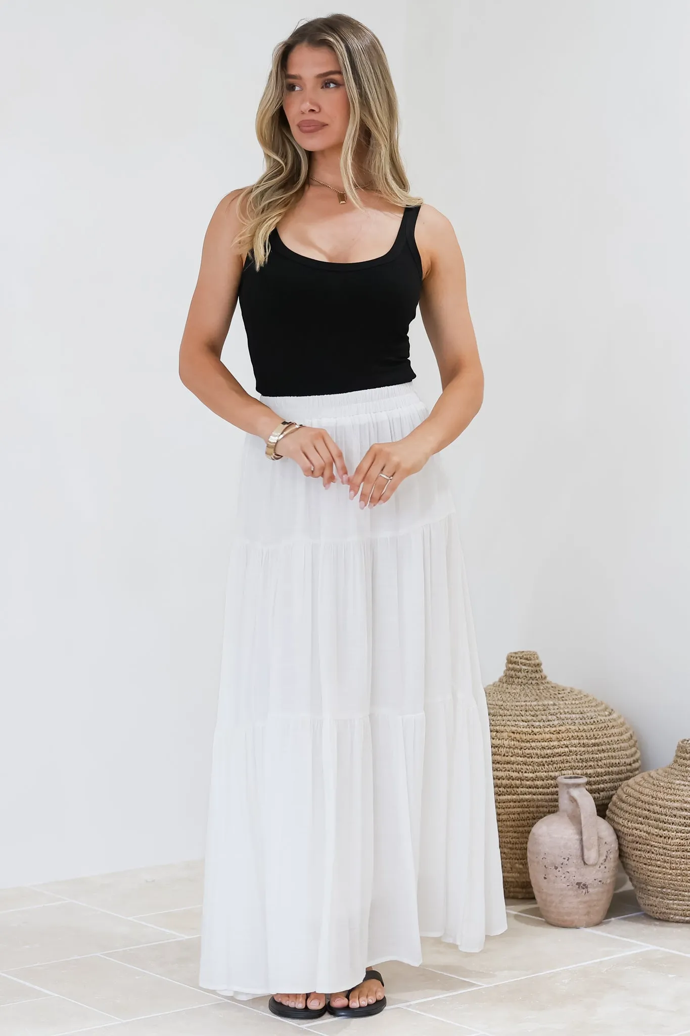 Anka Maxi Skirt - High Waisted Tiered A-Line Skirt in White sold by Salty Crush product image thumbnail 2