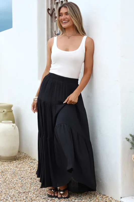 Anka Maxi Skirt - High Waisted Tiered A-Line Skirt in Black made by Salty Crush