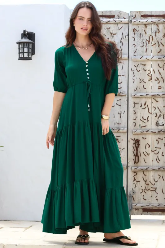 Rachel Maxi Dress - V-Neck 3/4 Sleeve Pull Tie Waist Tiered Dress in Emerald sold by Salty Crush