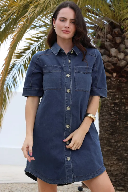 Alyssa Mini Dress - Collared Button-Down Denim Shirt Dress in Denim Blue sold by Salty Crush