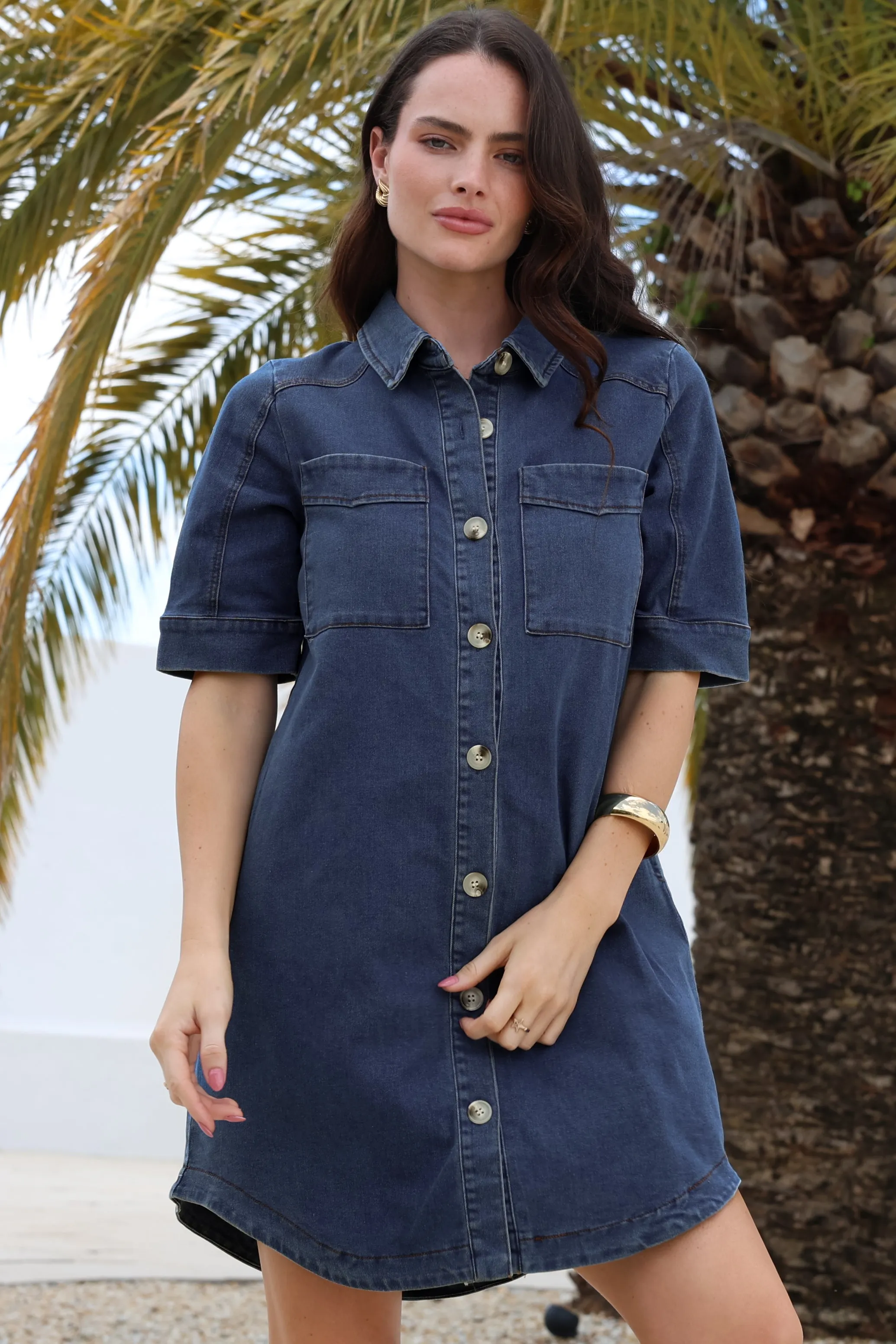 Alyssa Mini Dress - Collared Button-Down Denim Shirt Dress in Denim Blue sold by Salty Crush