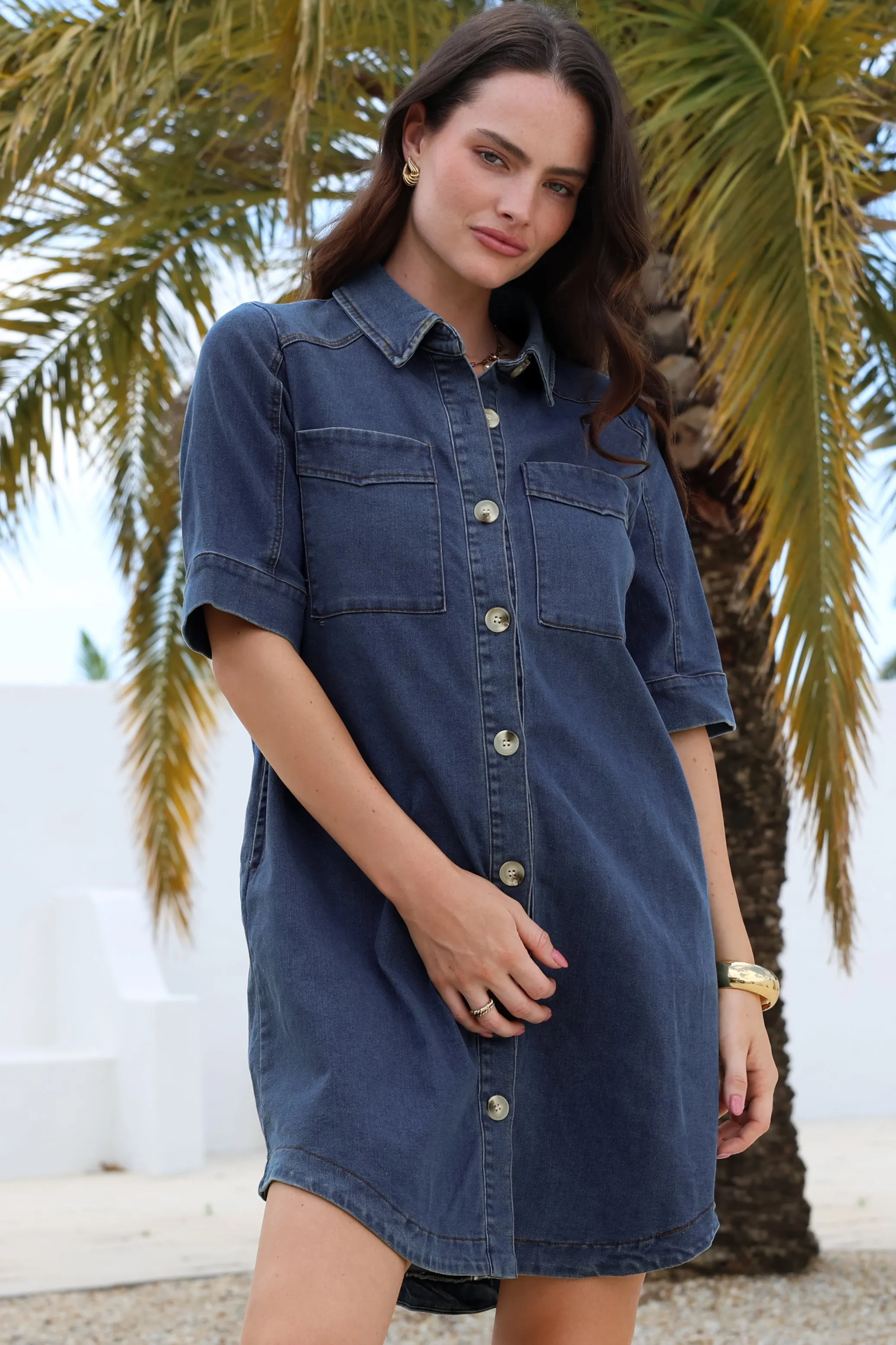 Alyssa Mini Dress - Collared Button-Down Denim Shirt Dress in Denim Blue sold by Salty Crush product image thumbnail 2