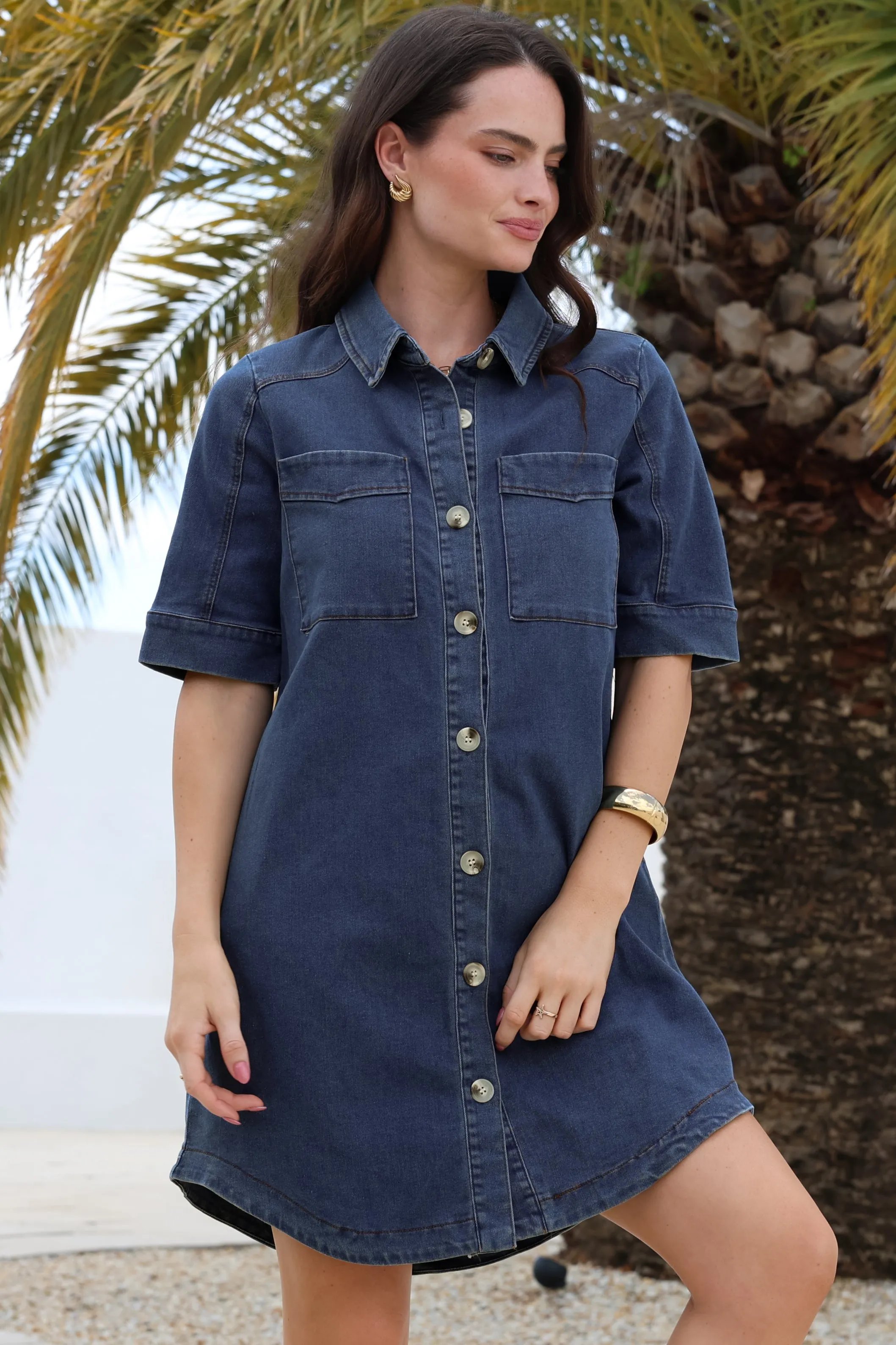 Alyssa Mini Dress - Collared Button-Down Denim Shirt Dress in Denim Blue sold by Salty Crush product image thumbnail 3