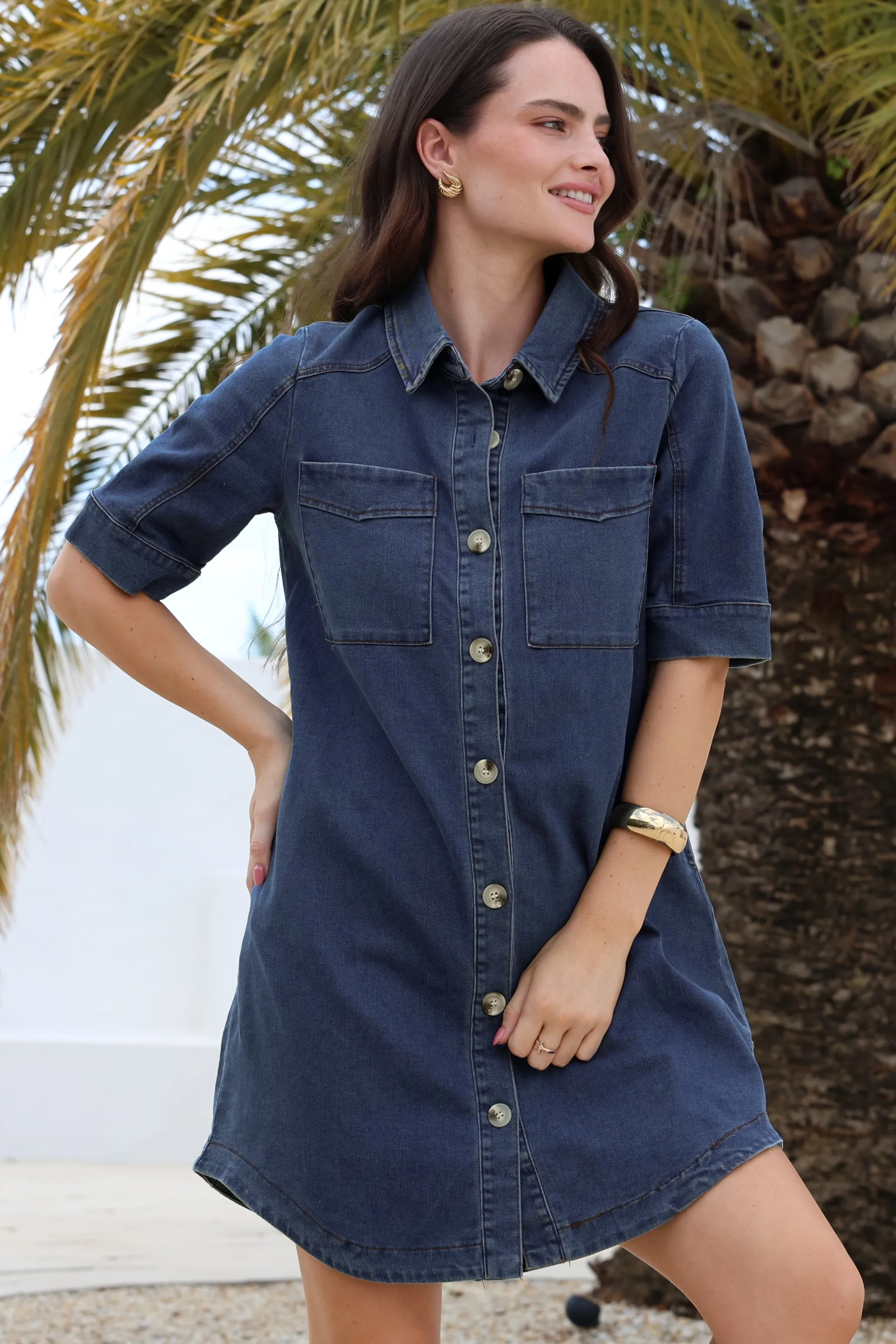 Alyssa Mini Dress - Collared Button-Down Denim Shirt Dress in Denim Blue sold by Salty Crush product image thumbnail 4