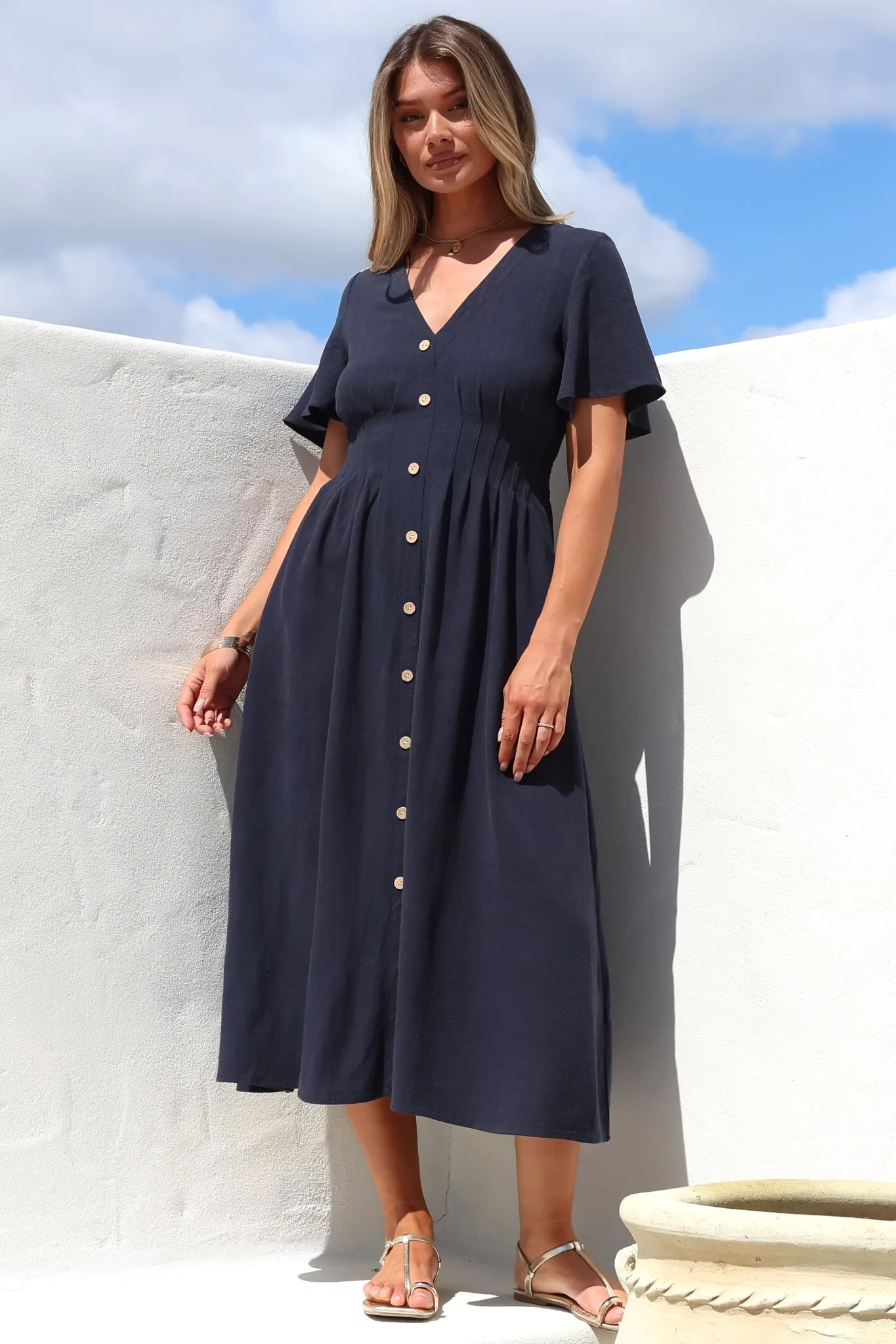 Stellar Midi Dress - Flutter Sleeve A-Line Dress with Pin Tuck Waist Detail in Navy sold by Salty Crush product image thumbnail 4