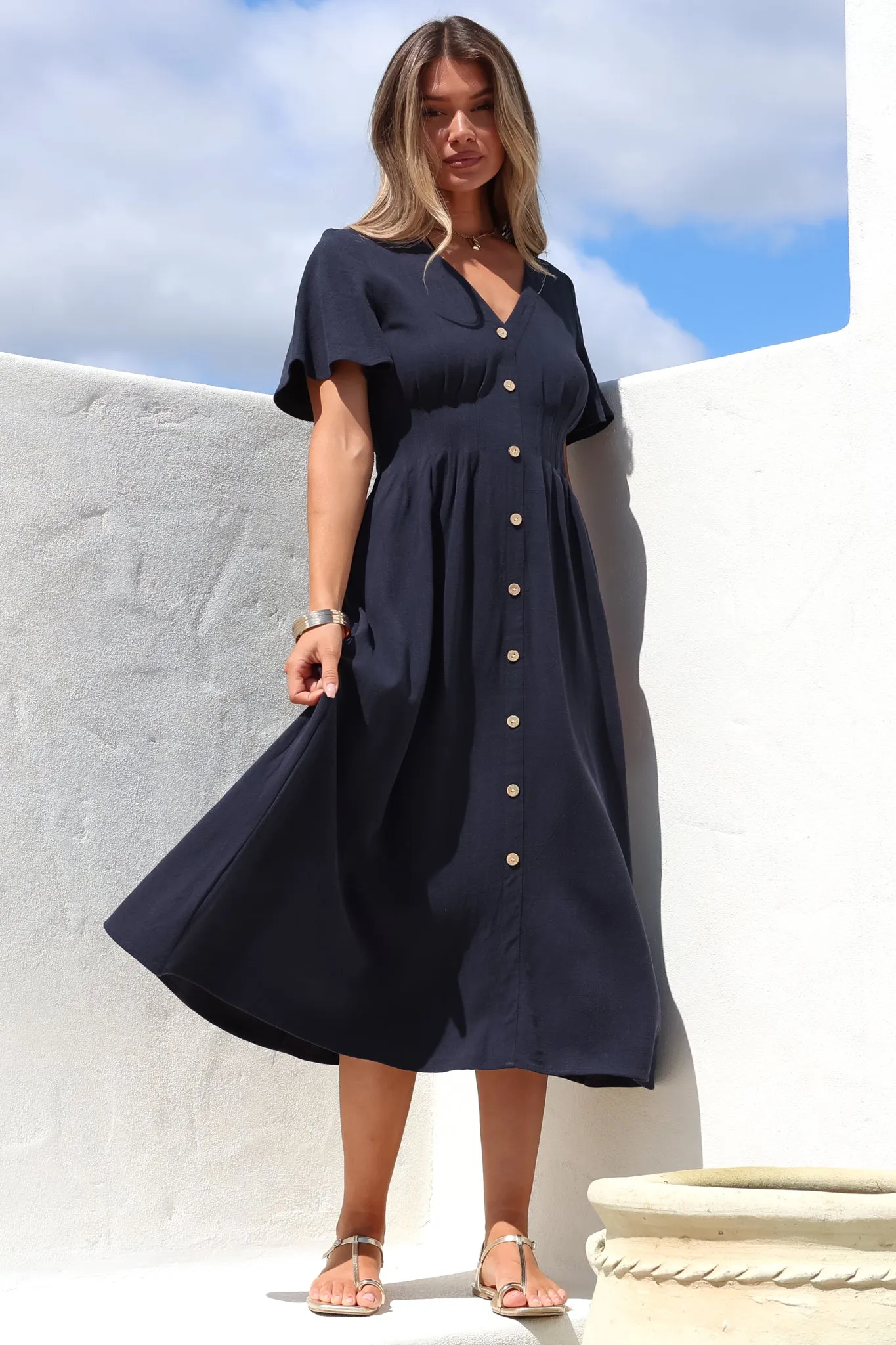 Stellar Midi Dress - Flutter Sleeve A-Line Dress with Pin Tuck Waist Detail in Navy sold by Salty Crush product image thumbnail 3